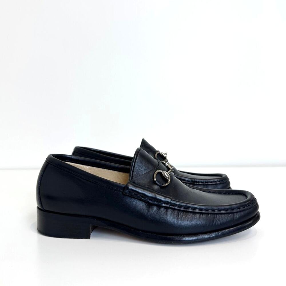 GUCCI Black Leather Silver Horsebit Loafer 37 C Slip On Block Heel Flat Shoes